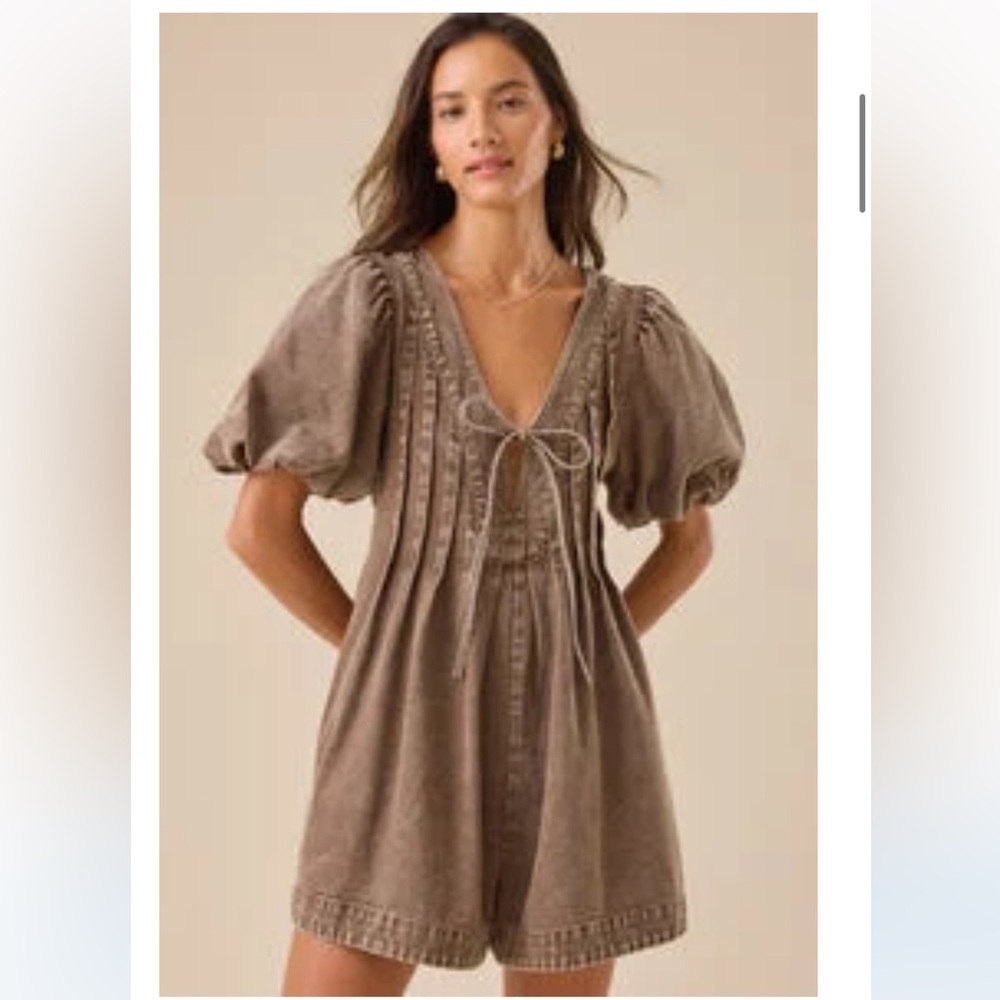 Altar'd State Evie Denim Puffed Sleeve Romper in washed brown